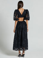 Eyelet Lace Long Tea Dress for Women - Deep V Neck Puff Sleeve A Line Prom Gown - Summer Wedding Guest 2026