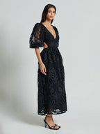 Eyelet Lace Long Tea Dress for Women - Deep V Neck Puff Sleeve A Line Prom Gown - Summer Wedding Guest 2026