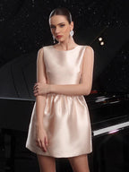 Champagne Sleeveless Satin Mini Party Dress With Bow Back 2026