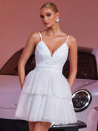White V-Neck Mini Slip Dress With Flowers For Party 2026