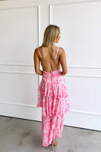 V Neck Backless Ruffle Trim Slit Printed Maxi Cami Dress
