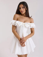 White Off-Shoulder Mini Dress With Ruffle Trim 2026