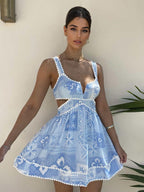 Cutout Waist Mini Sun Dress for Women - Boho Printed V Neck Sleeveless Flare Skater Dress - Summer Beach Party 2026