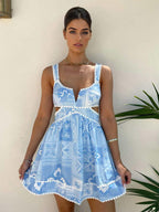 Cutout Waist Mini Sun Dress for Women - Boho Printed V Neck Sleeveless Flare Skater Dress - Summer Beach Party 2026