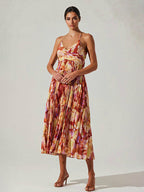 Pleated Floral Midi Sundress for Women - Boho V Neck Spaghetti Strap Fit and Flare A-line Dress - Summer Beach Resort 2026