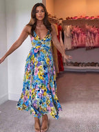 Pleated Floral Midi Sundress for Women - Boho V Neck Spaghetti Strap Fit and Flare A-line Dress - Summer Beach Resort 2026