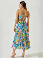 Pleated Floral Midi Sundress for Women - Boho V Neck Spaghetti Strap Fit and Flare A-line Dress - Summer Beach Resort 2026