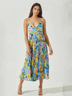 Pleated Floral Midi Sundress for Women - Boho V Neck Spaghetti Strap Fit and Flare A-line Dress - Summer Beach Resort 2026