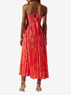 Pleated Floral Midi Sundress for Women - Boho V Neck Spaghetti Strap Fit and Flare A-line Dress - Summer Beach Resort 2026