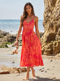 Pleated Floral Midi Sundress for Women - Boho V Neck Spaghetti Strap Fit and Flare A-line Dress - Summer Beach Resort 2026