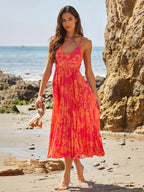 Pleated Floral Midi Sundress for Women - Boho V Neck Spaghetti Strap Fit and Flare A-line Dress - Summer Beach Resort 2026