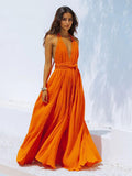 Boho Backless Maxi Dress for Women - Sexy Deep V Neck Halter Wrap Tie Waist Flowy Gown - Summer Beach Resort 2026