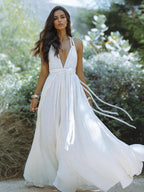 Boho Backless Maxi Dress for Women - Sexy Deep V Neck Halter Wrap Tie Waist Flowy Gown - Summer Beach Resort 2026