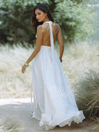 Boho Backless Maxi Dress for Women - Sexy Deep V Neck Halter Wrap Tie Waist Flowy Gown - Summer Beach Resort 2026