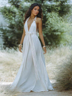 Boho Backless Maxi Dress for Women - Sexy Deep V Neck Halter Wrap Tie Waist Flowy Gown - Summer Beach Resort 2026