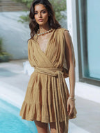 Deep V Neck Mini Dress for Women - Greek Boho Plisse Sleeveless Tiered Dress with Rope Belt - Summer Resort Wear 2026