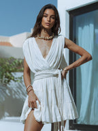 Deep V Neck Mini Dress for Women - Greek Boho Plisse Sleeveless Tiered Dress with Rope Belt - Summer Resort Wear 2026