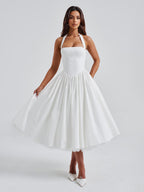 Soft Pink Halterneck A-line Midi Party Dress For Women 2026