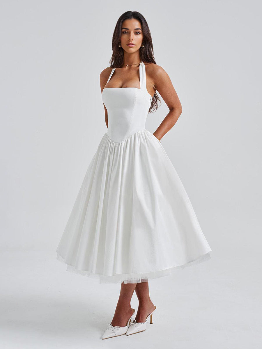 Soft Pink Halterneck A-line Midi Party Dress For Women 2026