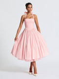 Soft Pink Halterneck A-line Midi Party Dress For Women 2026