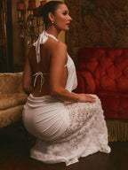 White Halter Neck Maxi Dress With 3D Flower Skirt 2026