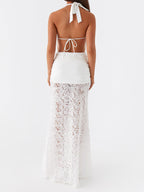 White Halter Neck Maxi Dress With 3D Flower Skirt 2026