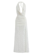White Halter Neck Maxi Dress With 3D Flower Skirt 2026
