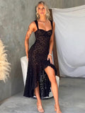 Black Sleeveless Lace Midi Dress With High Slit 2026