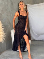 Black Sleeveless Lace Midi Dress With High Slit 2026