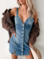 Denim Mini Dress With Deep V-Neck And Front Buttons 2026