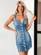 Denim Mini Dress With Deep V-Neck And Front Buttons 2026