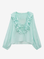 Ruffled Long Sleeve V-neck Blouse For Spring 2026
