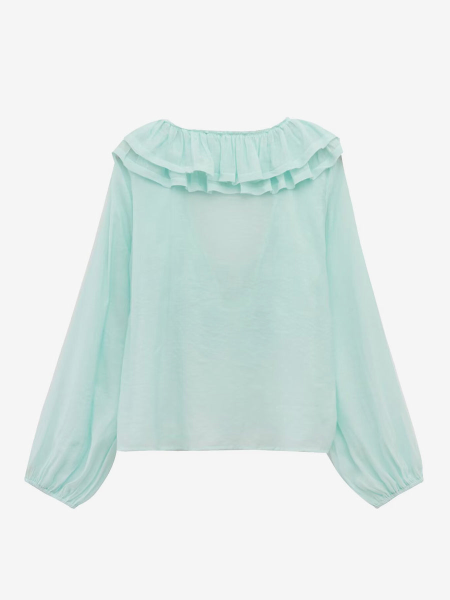 Ruffled Long Sleeve V-neck Blouse For Spring 2026