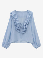 Ruffled Long Sleeve V-neck Blouse For Spring 2026