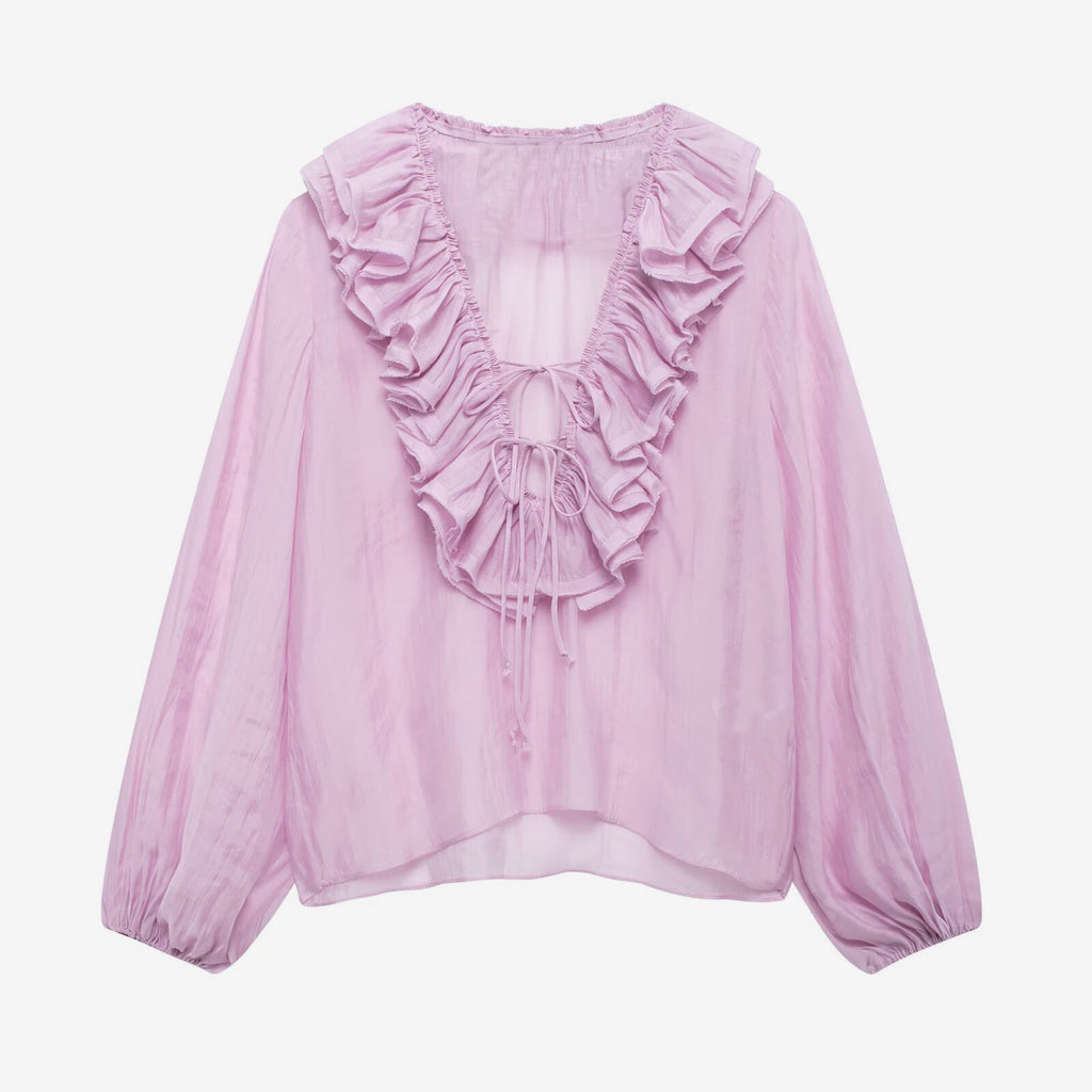 Ruffled Long Sleeve V-neck Blouse For Spring 2026