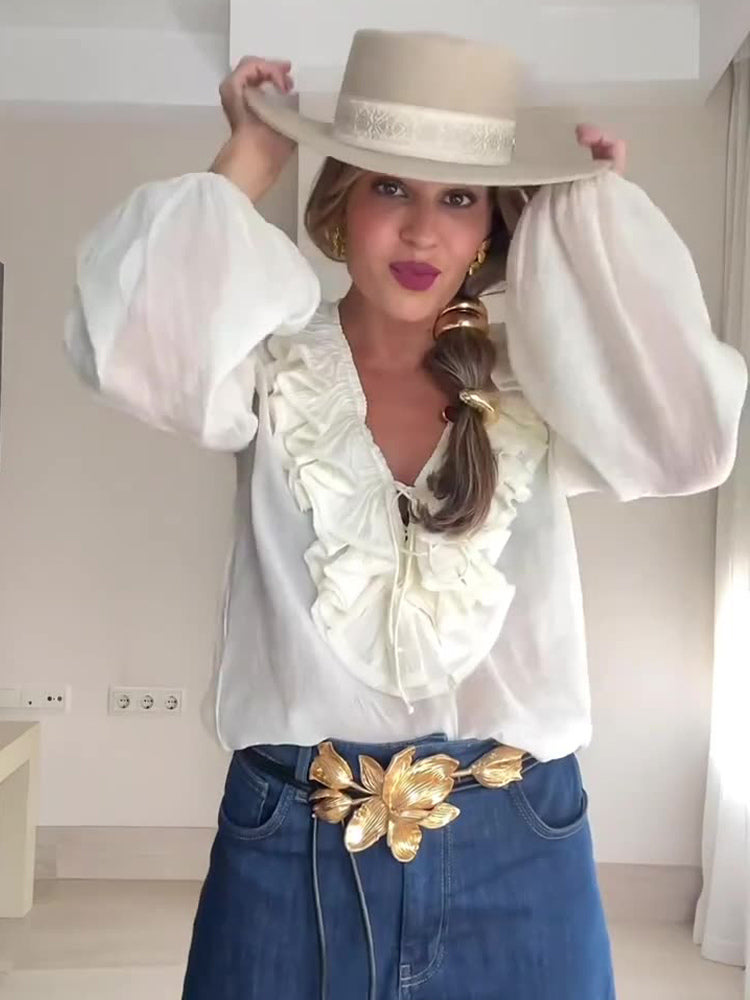 Ruffled Long Sleeve V-neck Blouse For Spring 2026