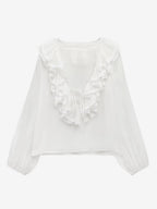 Ruffled Long Sleeve V-neck Blouse For Spring 2026