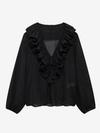 Ruffled Long Sleeve V-neck Blouse For Spring 2026