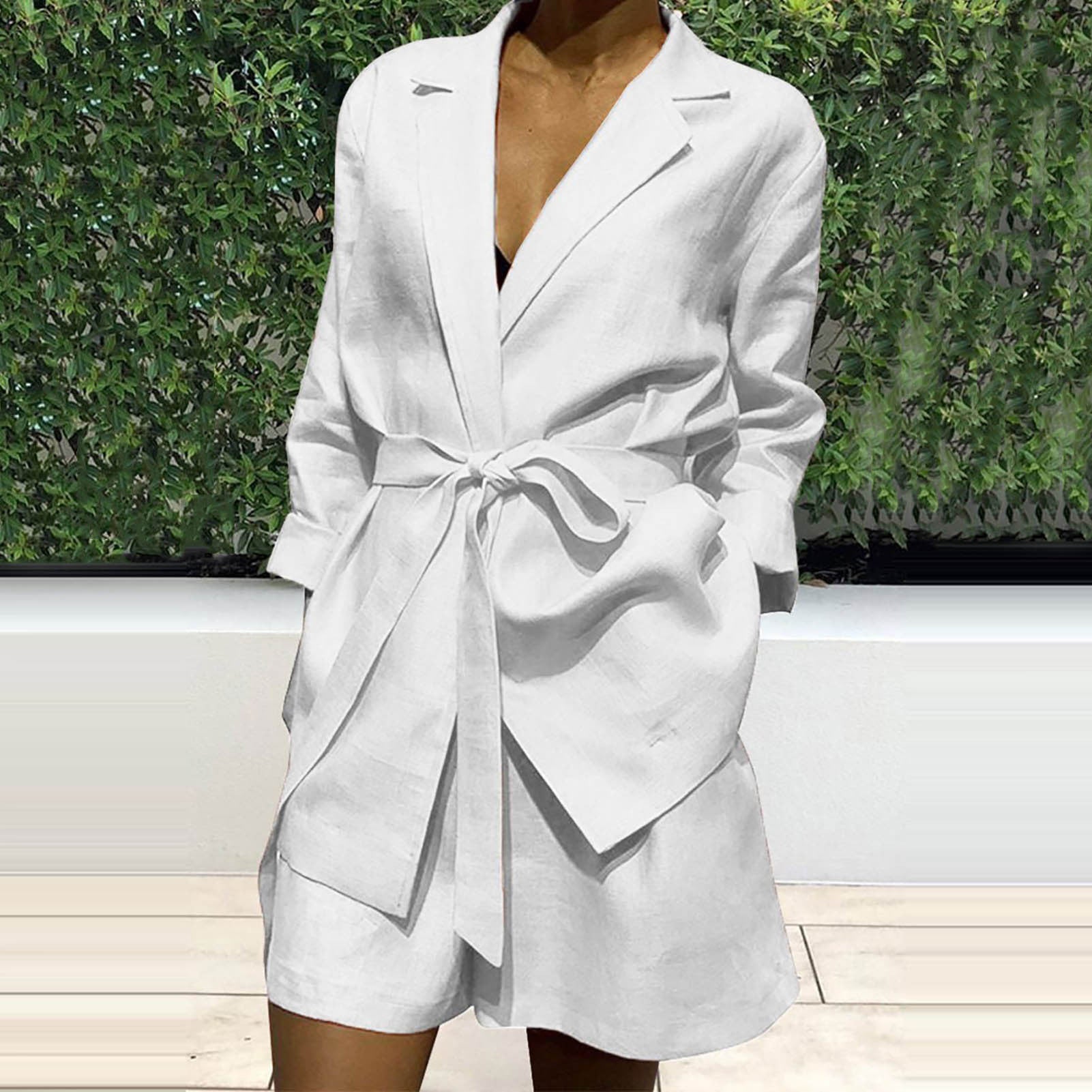 V Neck Long Sleeve Wrapped Top and Wide Leg Shorts Solid Set