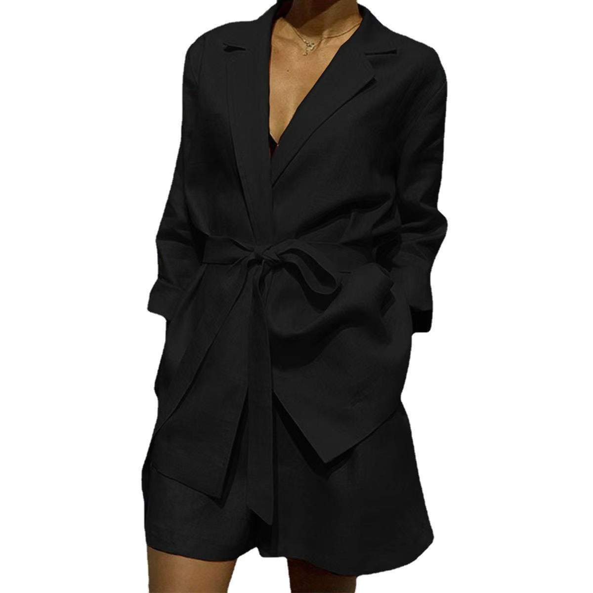 V Neck Long Sleeve Wrapped Top and Wide Leg Shorts Solid Set