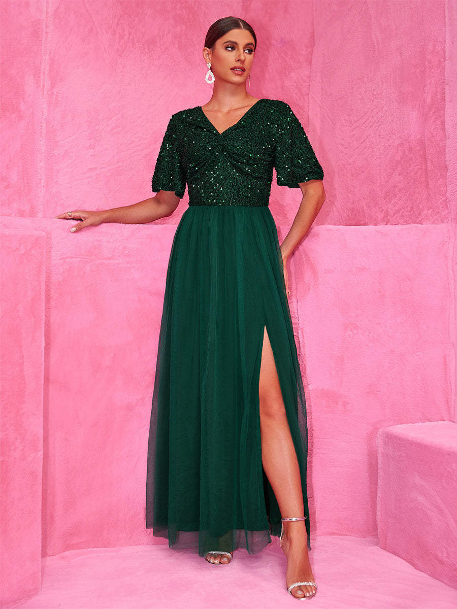 Sequined Dark Green Maxi Party Dress With High Slit For Evening Events 2026