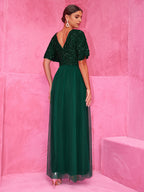 Sequined Dark Green Maxi Party Dress With High Slit For Evening Events 2026