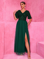 Sequined Dark Green Maxi Party Dress With High Slit For Evening Events 2026