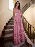 Floral Ruffle Maxi Party Dress With Halter Neckline And High Slit 2026