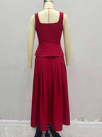 Square Neck Vest Top And Long Slit Skirt Two Piece Set In Red For Summer 2026