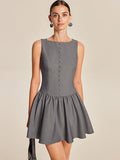 Sleeveless Pleated Mini Dress With Button-Front In Grey For Summer 2026