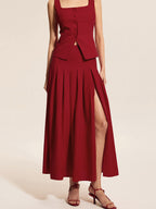 Square Neck Vest Top And Long Slit Skirt Two Piece Set In Red For Summer 2026