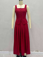 Square Neck Vest Top And Long Slit Skirt Two Piece Set In Red For Summer 2026