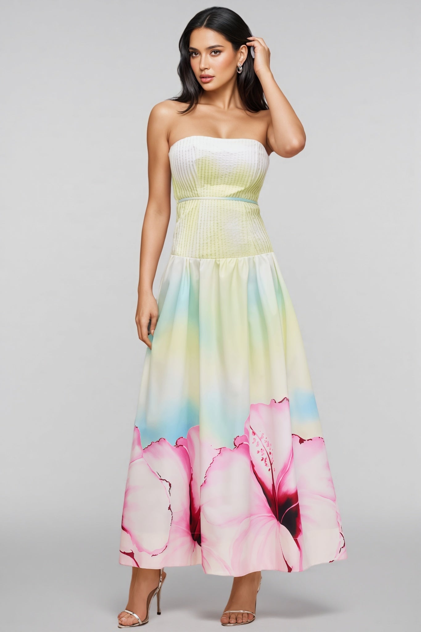 Rexor Strapless Floral Print Maxi Dress