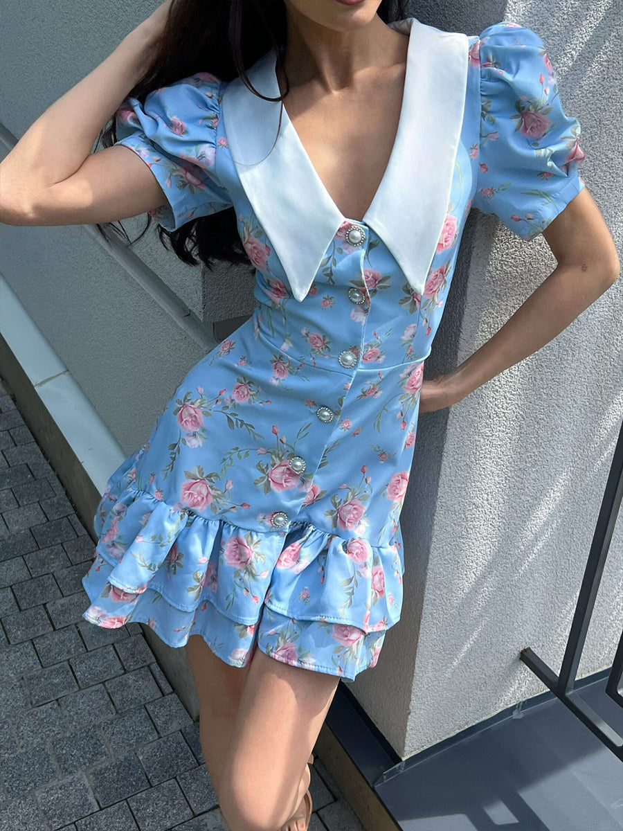 Floral Print Puff Sleeves Mini Dress With Peter Pan Collar And Back Lace-up For Summer 2026